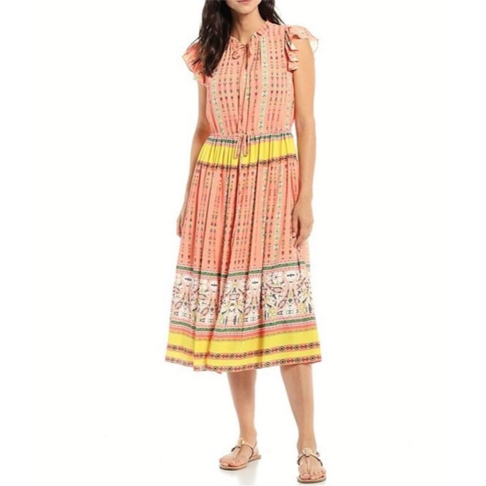 GIBSON LATIMER Sleeveless Stripe Print Midi Dress Orange Peach Size Large New‎